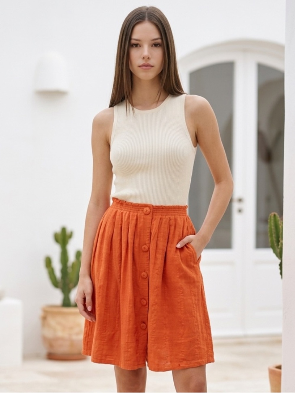 POSTMARK Skirt Anthropologie Boho Darlene Dobby Cotton Orange Pockets $88